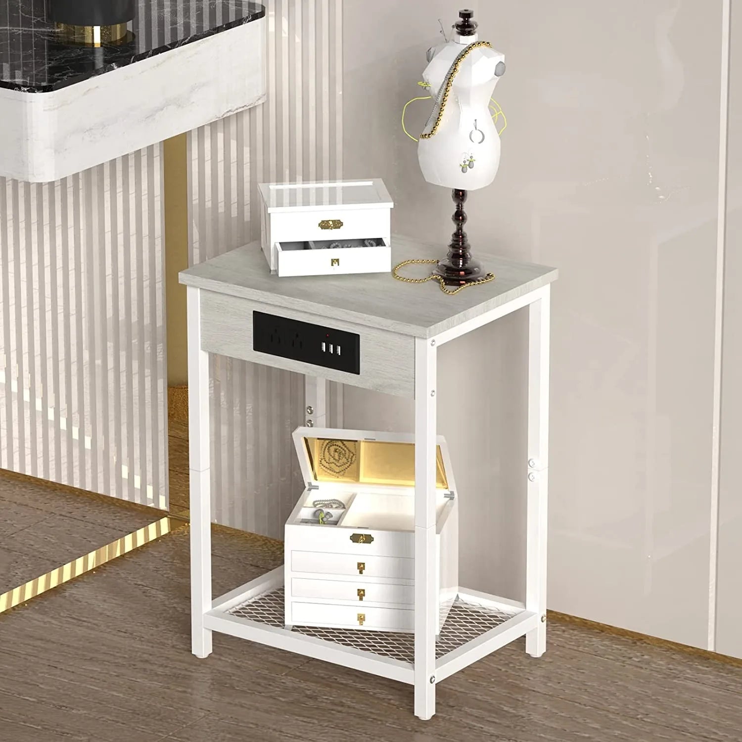 "Set of 2 Nightstands with Charging Station - Bedside Table with USB Ports & Storage Shelf"