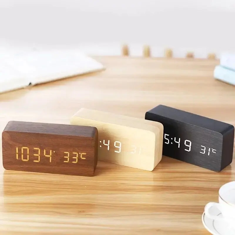 Digital Wooden Table Clock - Alarm & Temperature Display
