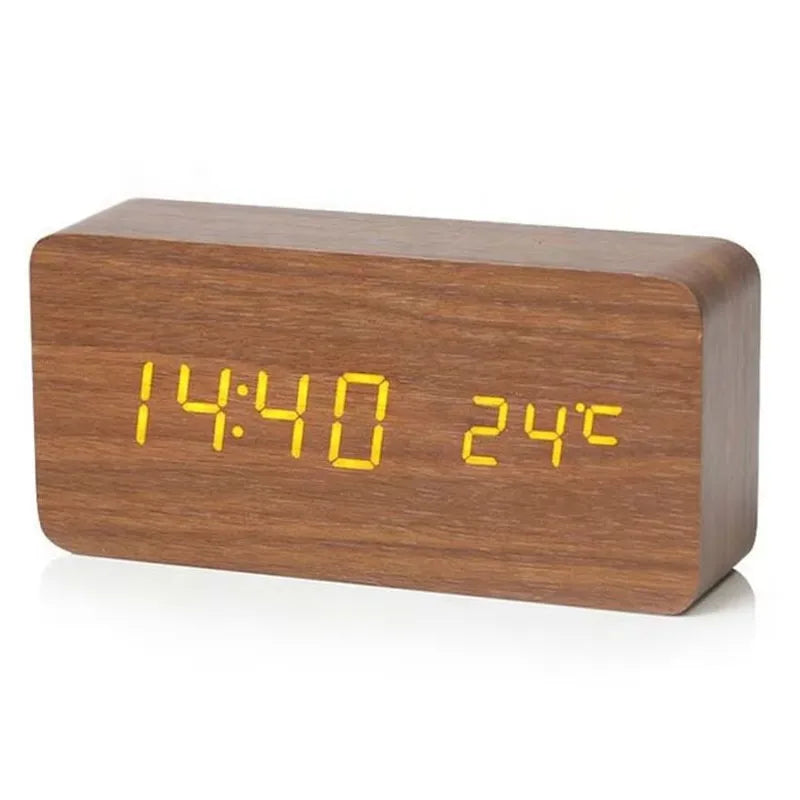 Digital Wooden Table Clock - Alarm & Temperature Display