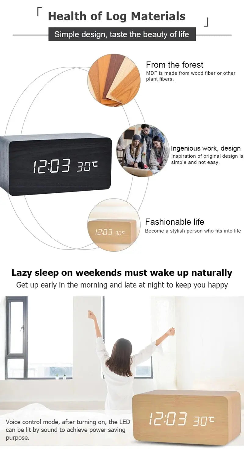 Digital Wooden Table Clock - Alarm & Temperature Display