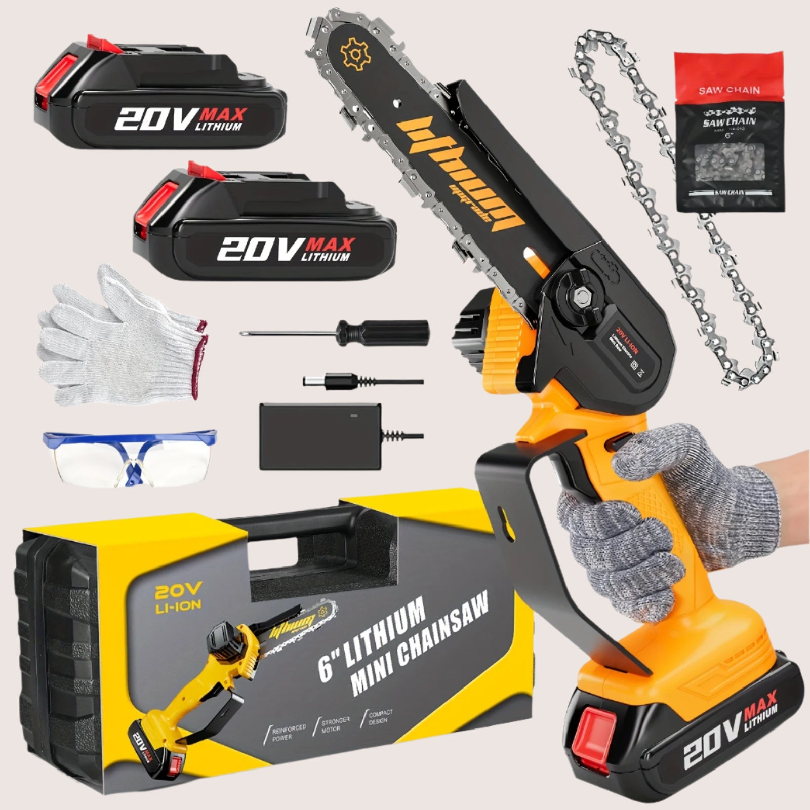Compact Cordless Chainsaw - Rechargeable Handheld Pruning Tool with Dual Batteries