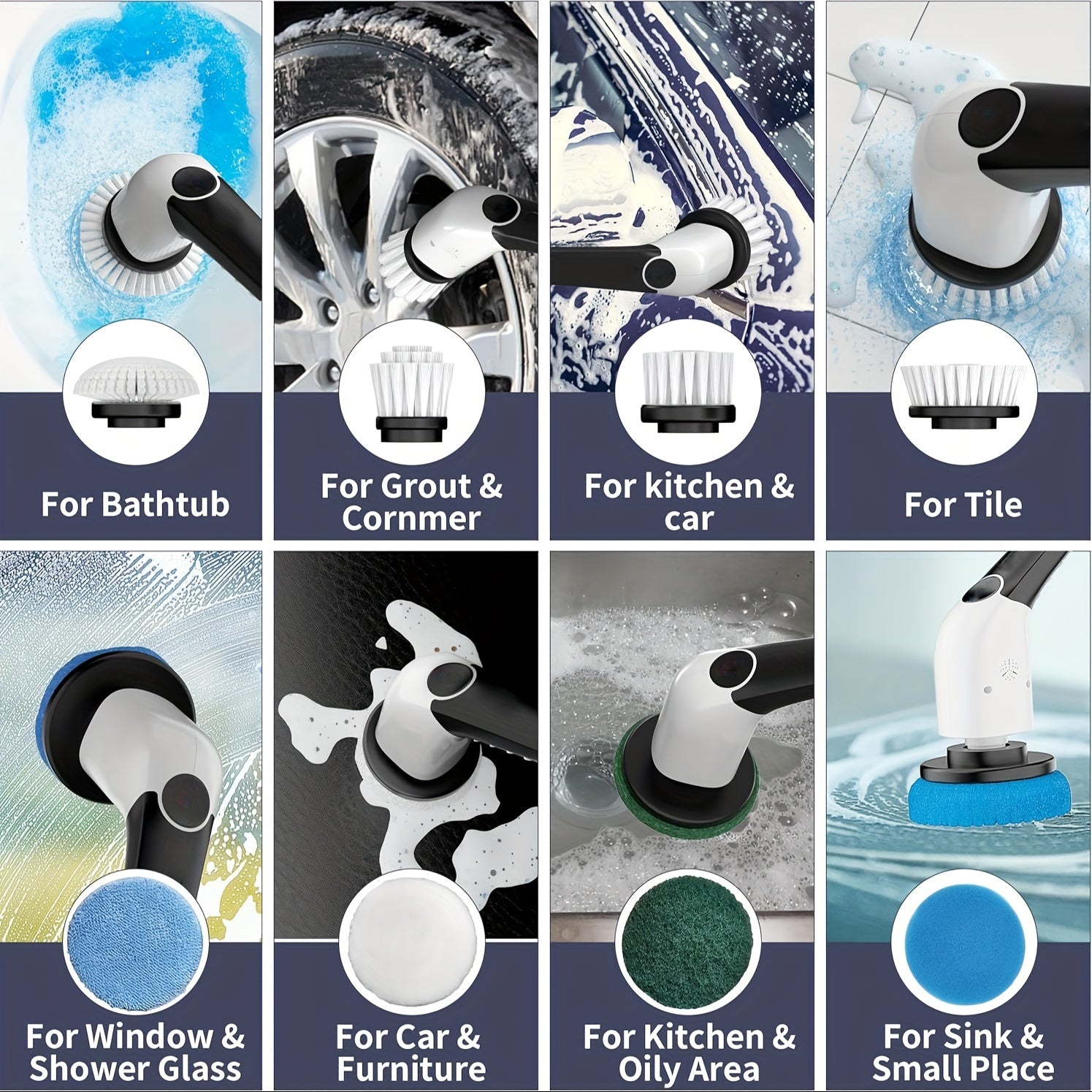 Electric Spin Scrubber – Cordless Shower Cleaning Brush with 8 Heads, 3 Speeds, Adjustable Handle, Voice Broadcast