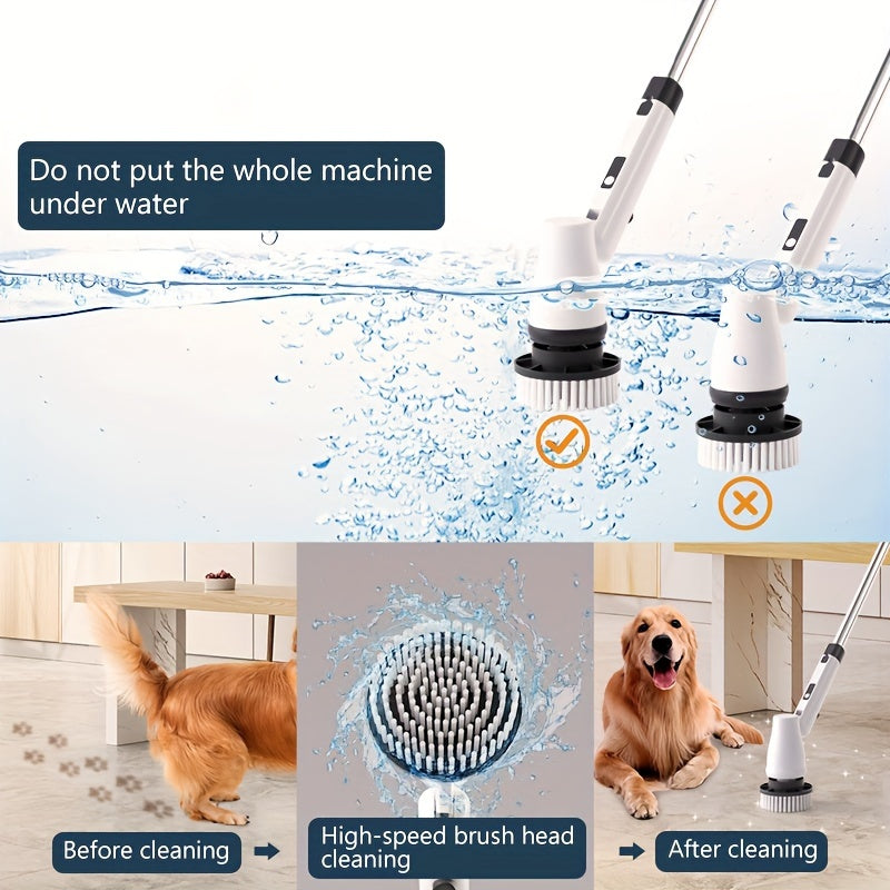 Electric Spin Scrubber – Cordless Shower Cleaning Brush with 8 Heads, 3 Speeds, Adjustable Handle, Voice Broadcast